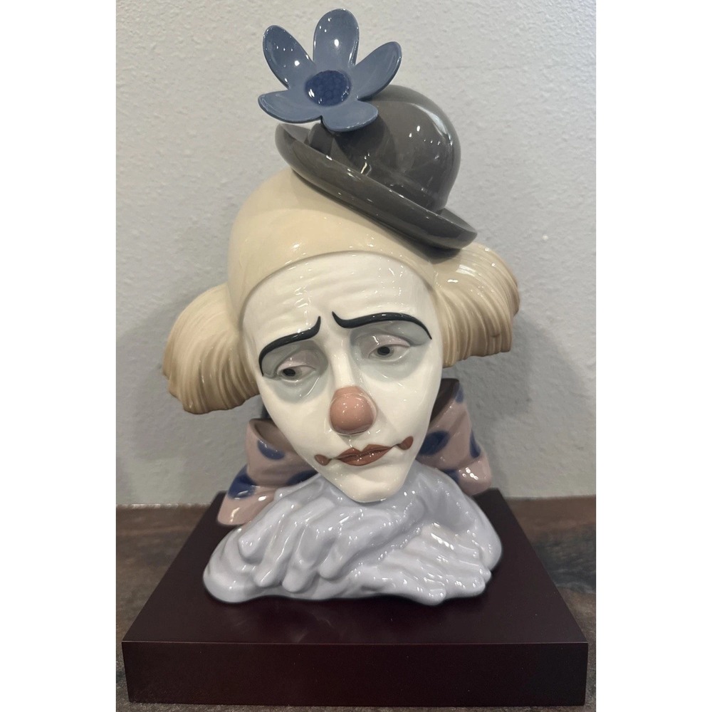 EUC LLADRO 5130 Pensive Clown Head Bowler Hat Retired Porcelain Bust Base